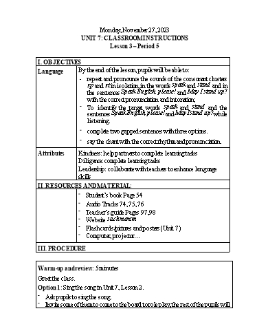 Kế hoạch bài dạy Tiếng Anh 3 - Tuần 13 Năm học 2023-2024 (Lê Thị Xuân)