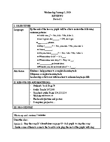 Kế hoạch bài dạy Tiếng Anh 3 - Tuần 18 Năm học 2023-2024 (Lê Thị Xuân)