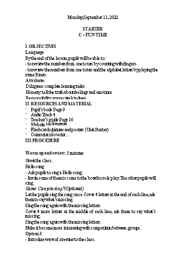 Kế hoạch bài dạy Tiếng Anh 3 - Tuần 2 Năm học 2023-2024 (Lê Thị Xuân)