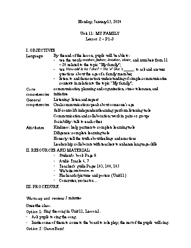 Kế hoạch bài dạy Tiếng Anh 3 - Tuần 20 Năm học 2023-2024 (Lê Thị Xuân)