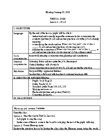 Kế hoạch bài dạy Tiếng Anh 3 - Tuần 21 Năm học 2023-2024 (Lê Thị Xuân)
