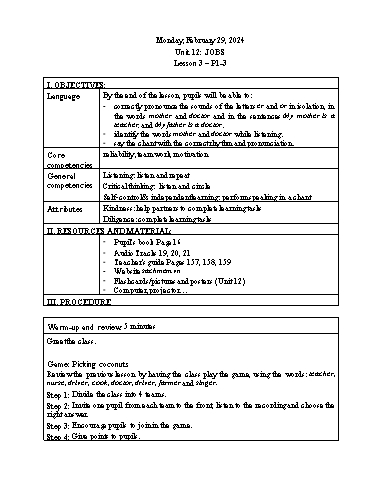 Kế hoạch bài dạy Tiếng Anh 3 - Tuần 22 Năm học 2023-2024 (Lê Thị Xuân)