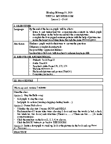 Kế hoạch bài dạy Tiếng Anh 3 - Tuần 25 Năm học 2023-2024 (Lê Thị Xuân)