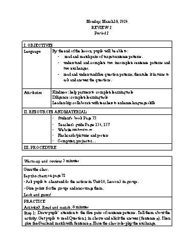 Kế hoạch bài dạy Tiếng Anh 3 - Tuần 28 Năm học 2023-2024 (Lê Thị Xuân)