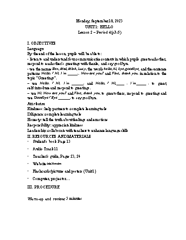 Kế hoạch bài dạy Tiếng Anh 3 - Tuần 3 Năm học 2023-2024 (Lê Thị Xuân)