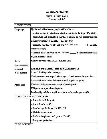 Kế hoạch bài dạy Tiếng Anh 3 - Tuần 30 Năm học 2023-2024 (Lê Thị Xuân)
