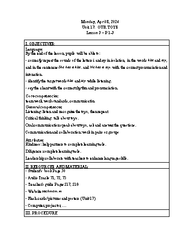 Kế hoạch bài dạy Tiếng Anh 3 - Tuần 31 Năm học 2023-2024 (Lê Thị Xuân)