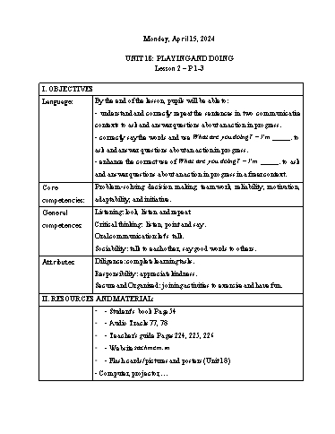 Kế hoạch bài dạy Tiếng Anh 3 - Tuần 32 Năm học 2023-2024 (Lê Thị Xuân)