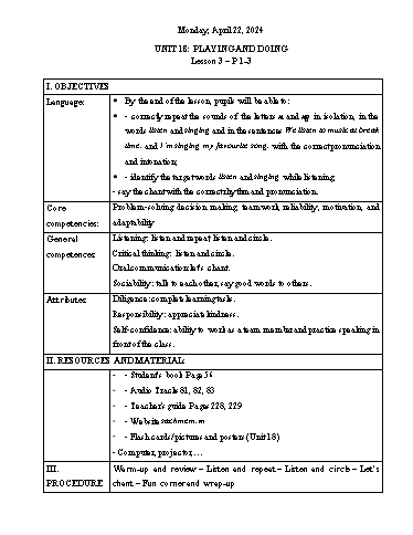 Kế hoạch bài dạy Tiếng Anh 3 - Tuần 33 Năm học 2023-2024 (Lê Thị Xuân)