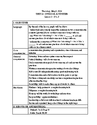 Kế hoạch bài dạy Tiếng Anh 3 - Tuần 34 Năm học 2023-2024 (Lê Thị Xuân)
