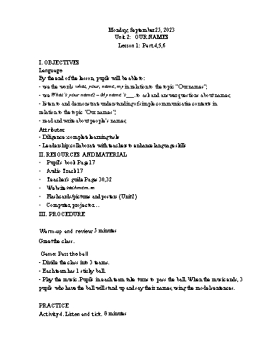 Kế hoạch bài dạy Tiếng Anh 3 - Tuần 4 Năm học 2023-2024 (Lê Thị Xuân)