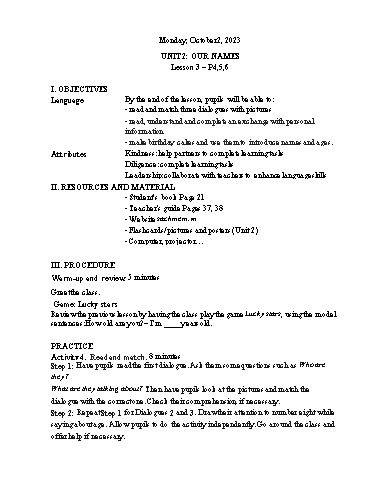 Kế hoạch bài dạy Tiếng Anh 3 - Tuần 5 Năm học 2023-2024 (Lê Thị Xuân)