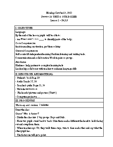 Kế hoạch bài dạy Tiếng Anh 3 - Tuần 7 Năm học 2023-2024 (Lê Thị Xuân)