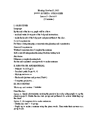 Kế hoạch bài dạy Tiếng Anh 3 - Tuần 8 Năm học 2023-2024 (Lê Thị Xuân)