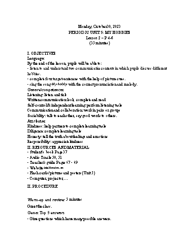 Kế hoạch bài dạy Tiếng Anh 3 - Tuần 9 Năm học 2023-2024 (Lê Thị Xuân)