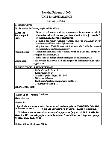Kế hoạch bài dạy Tiếng Anh 4 - Thứ 2, Tuần 23 Năm học 2023-2024 (Lê Thị Xuân)