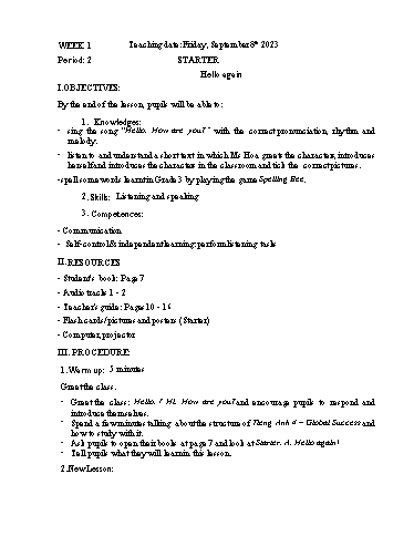 Kế hoạch bài dạy Tiếng Anh 4 - Tuần 1 Năm học 2023-2024 (Lê Thị Xuân)