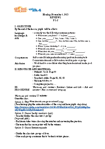 Kế hoạch bài dạy Tiếng Anh 4 - Tuần 10 Năm học 2023-2024 (Lê Thị Xuân)