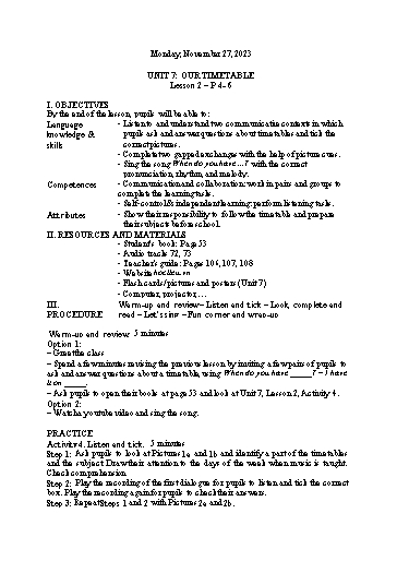 Kế hoạch bài dạy Tiếng Anh 4 - Tuần 13 Năm học 2023-2024 (Lê Thị Xuân)