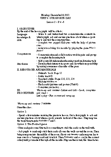 Kế hoạch bài dạy Tiếng Anh 4 - Tuần 16 Năm học 2023-2024 (Lê Thị Xuân)