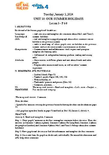 Kế hoạch bài dạy Tiếng Anh 4 - Tuần 18 Năm học 2023-2024 (Lê Thị Xuân)