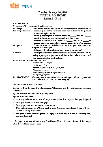 Kế hoạch bài dạy Tiếng Anh 4 - Tuần 20 Năm học 2023-2024 (Lê Thị Xuân)