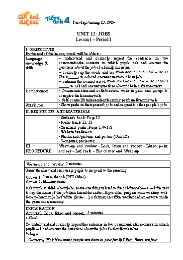 Kế hoạch bài dạy Tiếng Anh 4 - Tuần 21 Năm học 2023-2024 (Lê Thị Xuân)
