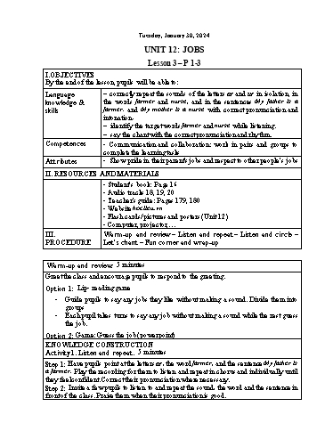 Kế hoạch bài dạy Tiếng Anh 4 - Tuần 22 Năm học 2023-2024 (Lê Thị Xuân)