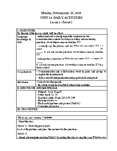 Kế hoạch bài dạy Tiếng Anh 4 - Tuần 25 Năm học 2023-2024 (Lê Thị Xuân)