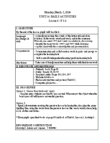 Kế hoạch bài dạy Tiếng Anh 4 - Tuần 26 Năm học 2023-2024 (Lê Thị Xuân)