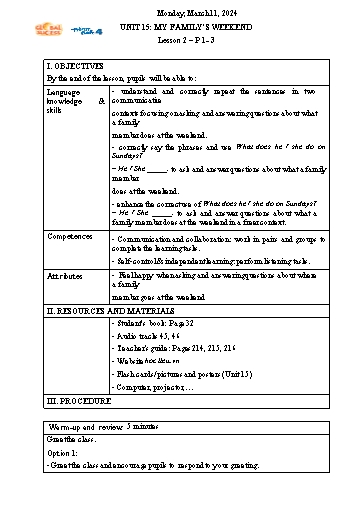 Kế hoạch bài dạy Tiếng Anh 4 - Tuần 27 Năm học 2023-2024 (Lê Thị Xuân)