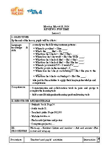 Kế hoạch bài dạy Tiếng Anh 4 - Tuần 28 Năm học 2023-2024 (Lê Thị Xuân)