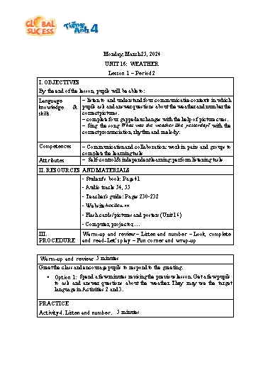 Kế hoạch bài dạy Tiếng Anh 4 - Tuần 29 Năm học 2023-2024 (Lê Thị Xuân)