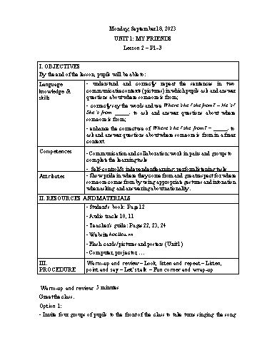 Kế hoạch bài dạy Tiếng Anh 4 - Tuần 3 Năm học 2023-2024 (Lê Thị Xuân)