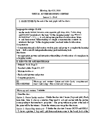 Kế hoạch bài dạy Tiếng Anh 4 - Tuần 32 Năm học 2023-2024 (Lê Thị Xuân)