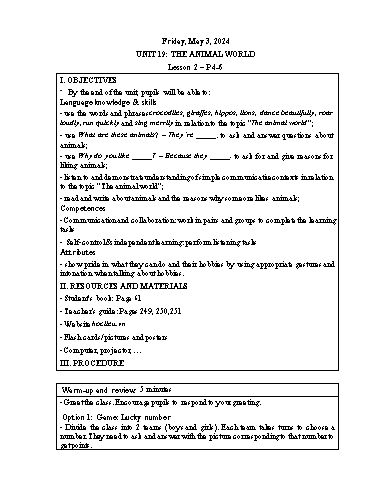Kế hoạch bài dạy Tiếng Anh 4 - Tuần 34 Năm học 2023-2024 (Lê Thị Xuân)