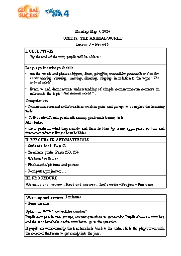 Kế hoạch bài dạy Tiếng Anh 4 - Tuần 35 Năm học 2023-2024 (Lê Thị Xuân)