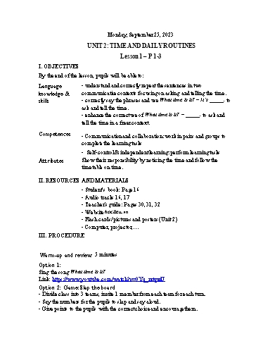 Kế hoạch bài dạy Tiếng Anh 4 - Tuần 4 Năm học 2023-2024 (Lê Thị Xuân)