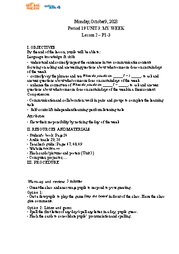 Kế hoạch bài dạy Tiếng Anh 4 - Tuần 6 Năm học 2023-2024 (Lê Thị Xuân)