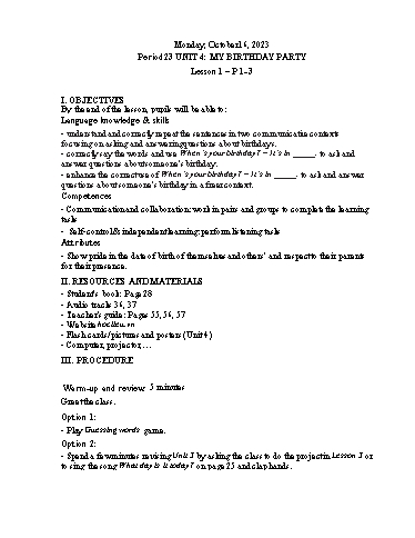 Kế hoạch bài dạy Tiếng Anh 4 - Tuần 7 Năm học 2023-2024 (Lê Thị Xuân)