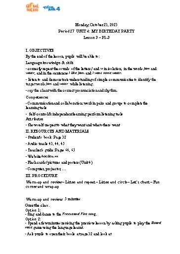 Kế hoạch bài dạy Tiếng Anh 4 - Tuần 8 Năm học 2023-2024 (Lê Thị Xuân)