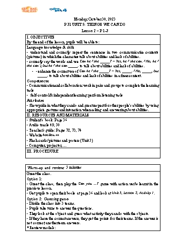 Kế hoạch bài dạy Tiếng Anh 4 - Tuần 9 Năm học 2023-2024 (Lê Thị Xuân)