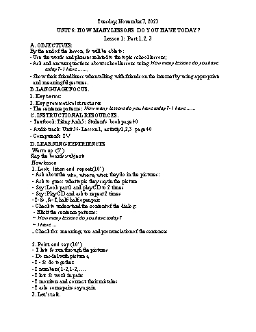 Kế hoạch bài dạy Tiếng Anh 5 - Tuần 10 Năm học 2023-2024 (Lê Thị Xuân)
