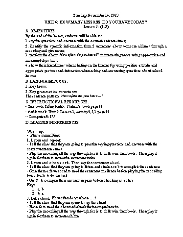 Kế hoạch bài dạy Tiếng Anh 5 - Tuần 11 Năm học 2023-2024 (Lê Thị Xuân)