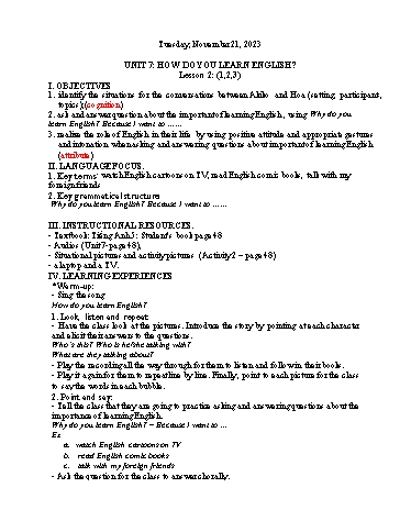 Kế hoạch bài dạy Tiếng Anh 5 - Tuần 12 Năm học 2023-2024 (Lê Thị Xuân)