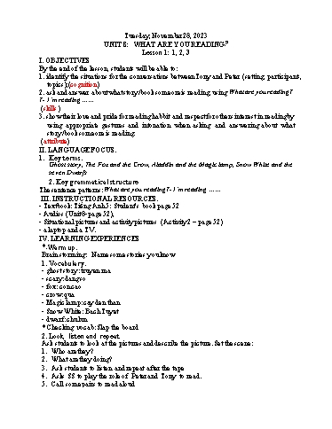 Kế hoạch bài dạy Tiếng Anh 5 - Tuần 13 Năm học 2023-2024 (Lê Thị Xuân)