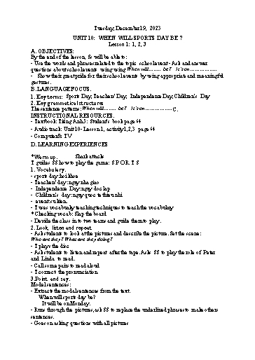 Kế hoạch bài dạy Tiếng Anh 5 - Tuần 16 Năm học 2023-2024 (Lê Thị Xuân)