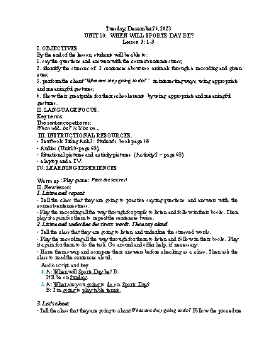 Kế hoạch bài dạy Tiếng Anh 5 - Tuần 17 Năm học 2023-2024 (Lê Thị Xuân)