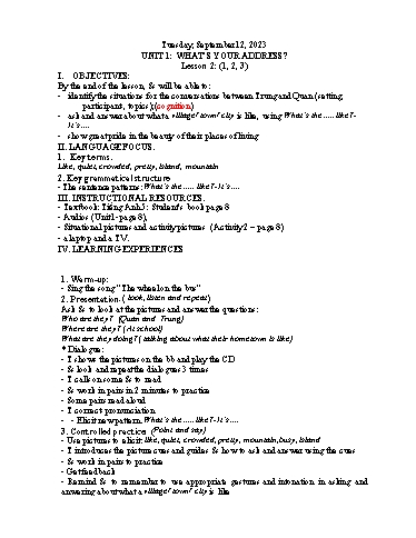 Kế hoạch bài dạy Tiếng Anh 5 - Tuần 2 Năm học 2023-2024 (Lê Thị Xuân)