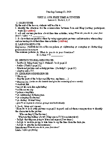 Kế hoạch bài dạy Tiếng Anh 5 - Tuần 21 Năm học 2023-2024 (Lê Thị Xuân)